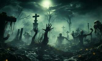 Eerie cemetery scene zombie skeleton hands emerging for Halloween atmosphere AI Generated photo