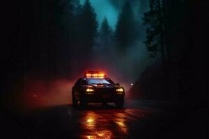 Emergency police car races through the fog, pursuing a vehicle AI Generated photo