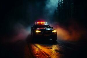 Emergency police car races through the fog, pursuing a vehicle AI Generated photo