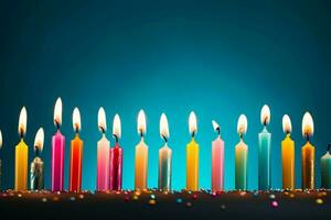 A line of diverse, lit birthday candles on an isolated blue backdrop AI Generated photo