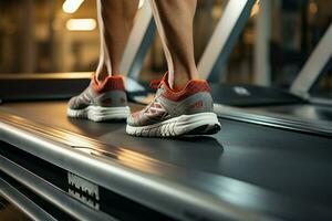 Exercise close up Man briskly walks on a treadmill in the gym AI Generated photo