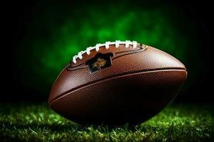 Football rests on green turf, starkly contrasted against black backdrop AI Generated photo