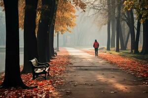 brumoso otoño parque se convierte un sereno fondo para un dedicado corredor ai generado foto