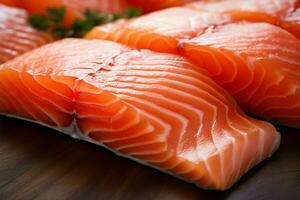 Fresh salmon fillets up close, resting on a wooden tabletop AI Generated photo