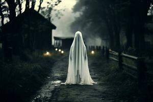 Ghostly apparition on a rural path, vintage and mysterious ambiance AI Generated photo