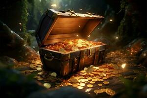 Gold coins fill a treasure chest against an island paradise AI Generated photo