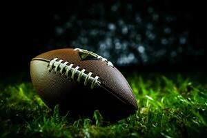 Gridiron ball on vibrant grass, starkly silhouetted against black AI Generated photo