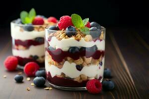 Homemade delight Raspberry, blueberry, yogurt, and granola create a treat AI Generated photo