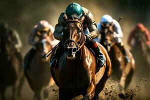 High stakes horse race, riders and steeds striving for pole position AI Generated photo