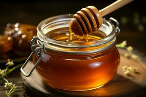 Honey jar and dipper, captured in a close up on wooden table AI Generated photo