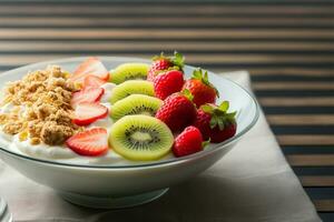 A nutritious breakfast featuring yogurt, muesli, kiwi, strawberries, and banana AI Generated photo