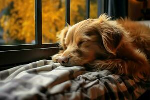 Hygge ambiance with a content dog dozing on a snug windowsill AI Generated photo