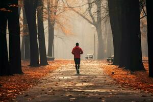 en el brumoso parque de otoño, un dedicado corredor persiste ai generado foto