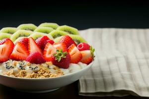 A nutritious breakfast featuring yogurt, muesli, kiwi, strawberries, and banana AI Generated photo