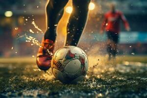 intenso cerca arriba fútbol jugadores pie hábilmente manipula el pelota, estadio ai generado foto