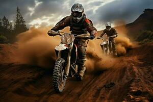 Intense dirt bike competition as riders tackle a thrilling dirt course AI Generated photo