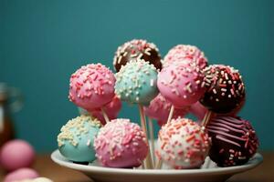 Irresistible cake pops, a mouthwatering blend of cake and frosting AI Generated photo