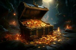 Island backdrop with a treasure chest brimming with gleaming gold coins AI Generated photo