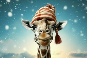 alegre jirafa se pone santas sombrero, celebrando Navidad en digital obra de arte ai generado foto