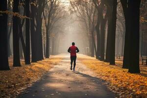 persona que practica jogging persevera mediante brumoso otoño parque en un tranquilo Mañana ai generado foto