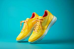 Levitating blue sneakers with laces on vibrant yellow, perfect for jogging AI Generated photo
