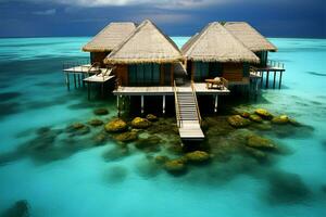 Maldives luxury water villas resort, wooden pier, captured from above AI Generated photo