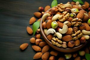 Mixed nuts including walnuts, pistachios, almonds, hazelnuts, and cashews AI Generated photo