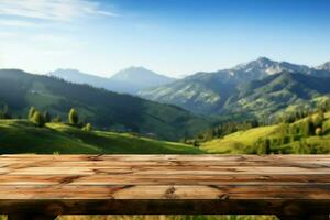 montaje Listo de madera mesa en contra un sereno montaña y césped vista ai generado foto