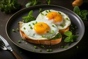 Morning meal features delicious fried eggs served on a breakfast plate AI Generated photo