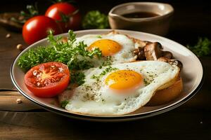 Morning meal Fried egg served on a tabletop for breakfast AI Generated photo