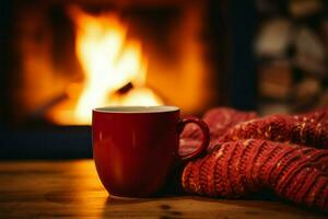 Mug cradled in a red mitten, inviting fireside tranquility indoors AI Generated photo