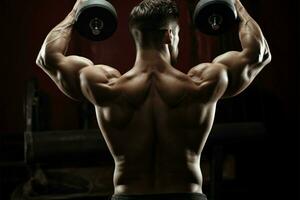 Muscular athlete trains hard, heaving weighty dumbbells with determination AI Generated photo