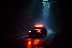 Noche policía búsqueda en grueso niebla, respondiendo a un crisis ai generado foto