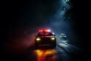 Nighttime police pursuit in thick fog, responding to a crisis AI Generated photo