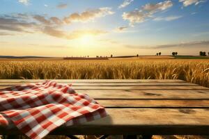 Natures stage Wooden table, sunlit wheat field, ready for product montages AI Generated photo