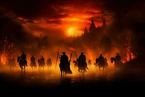 nocturno medieval batalla, silueta caballería y infantería salario guerra ai generado foto