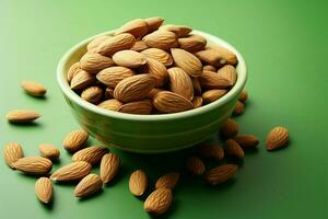 Nutrition symbol almond in ceramic bowl, space for text, green background AI Generated photo