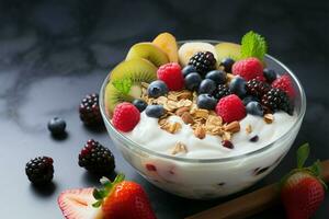 Nutrient packed oat granola bowl with fruits, yogurt, and nuts AI Generated photo
