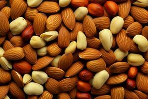 nueces y granos montón, un nutritivo fondo para sano vivo ai generado foto