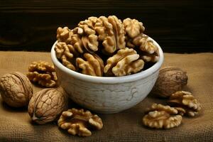 un soltero nuez, listo en un eco lienzo, personifica nutritivo merienda ai generado foto