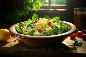 On the table, a tempting bowl of refreshing, green salad AI Generated photo