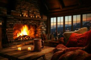 A snug chalet setting with a toasty drink and crackling fireplace AI Generated photo