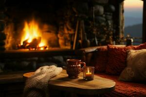 A snug chalet setting with a toasty drink and crackling fireplace AI Generated photo