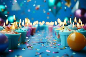 Party caps, blowers, and candles arranged on a vibrant blue surface AI Generated photo