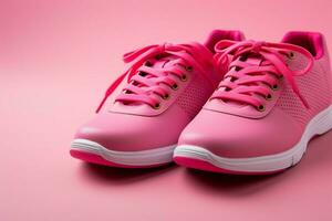 Plenty of space surrounds pink sports sneakers on a pink surface AI Generated photo