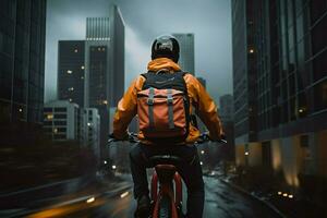 rápido entregas asegurado por un dedicado entrega jinete en un bicicleta ai generado foto