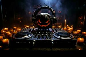 Pumpkin themed DJ setup, headphones, on a dark Halloween night backdrop AI Generated photo