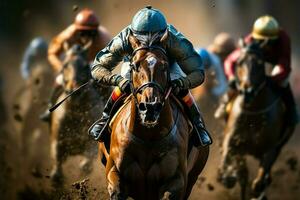 Racehorses and jockeys fiercely contend for the first place position AI Generated photo