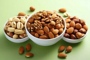 Protein packed nuts in a white bowl, symbolizing a healthy diet AI Generated photo