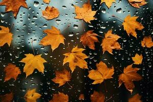 lluvia salpicado ventana adornado con al aire libre otoño hojas, celebrando otoño ai generado foto